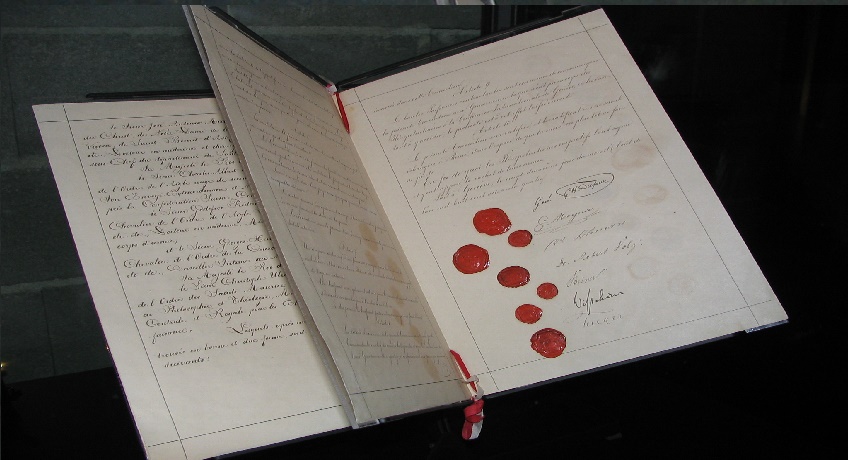 اتفاقية جنيف الأولى (1864) وهي واحدة من أقدم الصيغ للقانون الدولي.